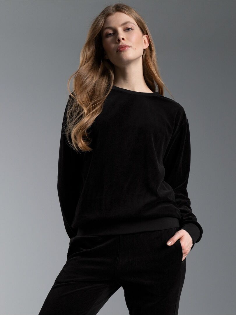 Sweatshirt TRIGEMA "TRIGEMA Nicki-Shirt", Damen, Gr. 3XL, schwarz, Nicki, 80% Baumwolle, 20% Polyester, lang, Rundhals, Sweatshirts Sweatshirt schwarz 3XL