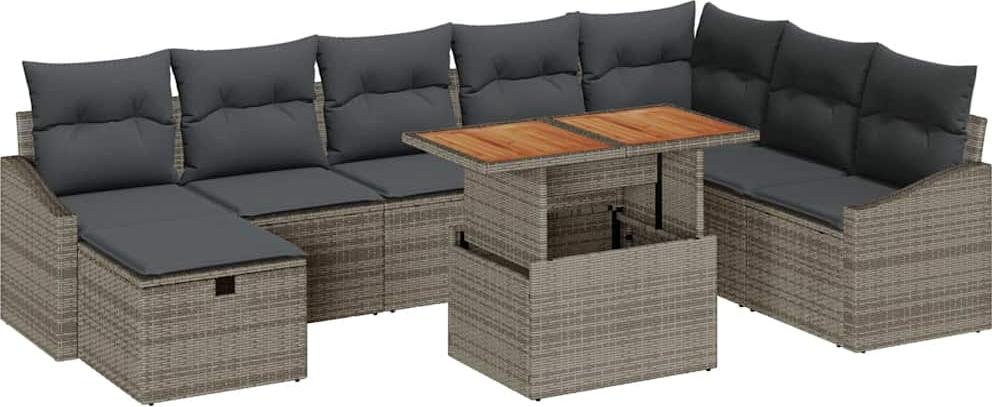 Modulares Garten-Sofa-Set, 9-teilig, für Außenbereich, Poly-Rattan & Akazienholz, höhenverstellbar, 8 Sitzplätze, Grau
