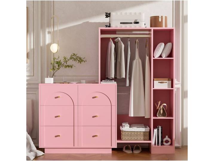 Armoire De Chambre Rose Armoire Ouverte FloraGrace Pour Chambre Avec 6 Tiroirs 139x35x133cm