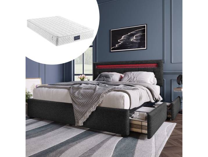 Lit double tapissier - KOMHTOM - 140x200 - 4 tiroirs - LED intégrée - Matelas inclus