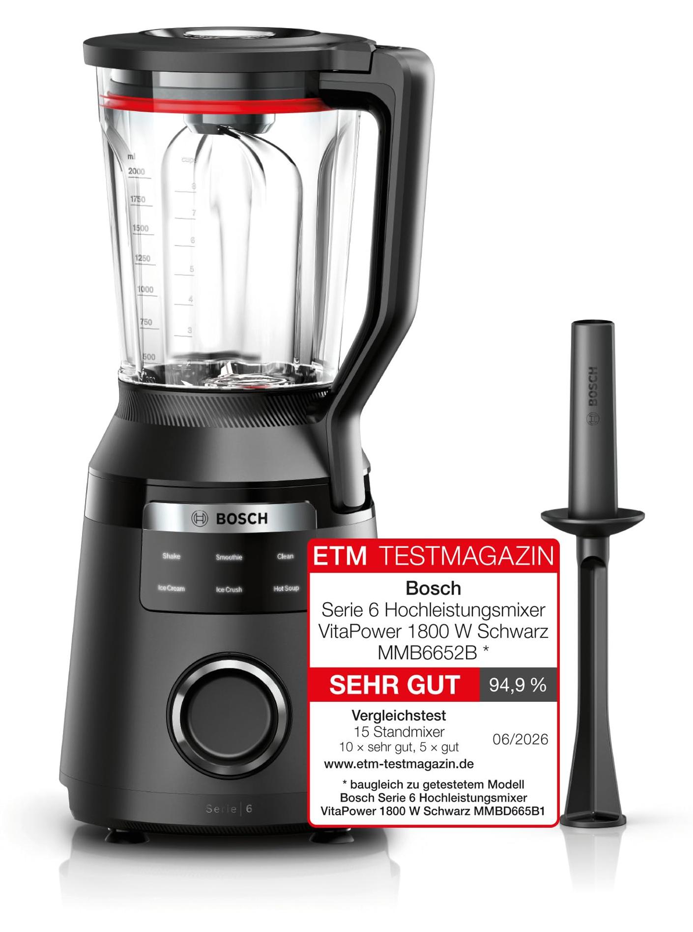 Bosch Serie 6 MMB6652B, Tischplatten-Mixer, 2 l, Eis-Crusher, 1 m, 1800 W, Schwarz