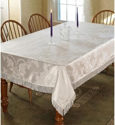 Violet Linen Majestic Jacquard Damask Pattern Fringed Tablecloth