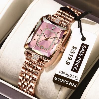 Inspire Select POEDAGAR Luxury Waterproof Rectangle Women's Quartz Watch With Calendar rosegold Pink