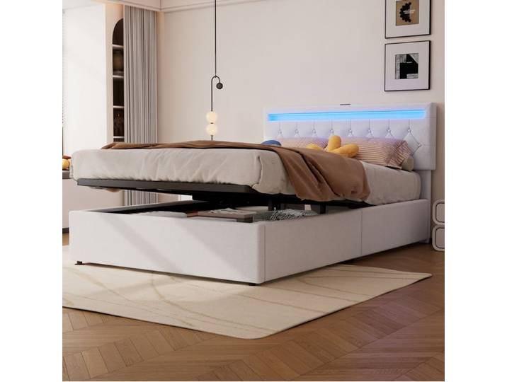 MEULVA Lit coffre rembourré 140 x 200 cm avec LED USB et USB-C relevage hydraulique lin blanc