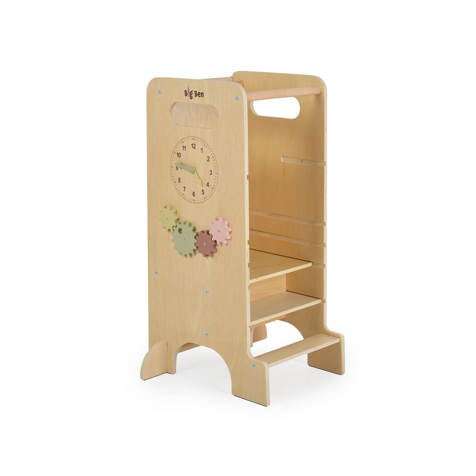 Moni Kinder Lernturm 4 in 1 Big Ben Rutsche Tafel Hochstuhl Uhranzeige Motorik hellbraun