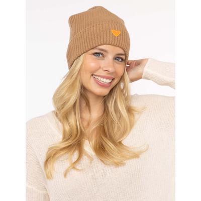 Beanie ZWILLINGSHERZ "Beanie with Heart-Patch", Damen, braun (camel), Rippstrick, Wolle, unifarben, Mützen Beanie, Rippstrick, mit breitem Umschlag, wärmend