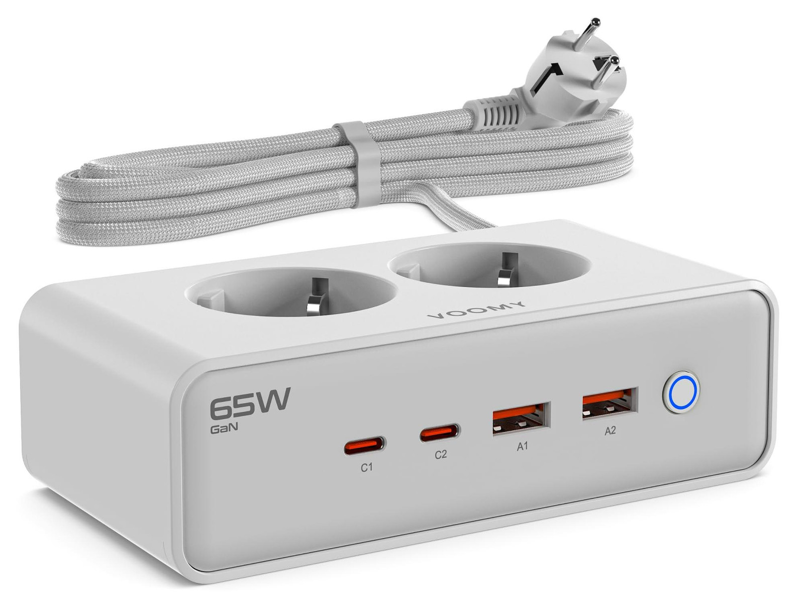 VOOMY Stekkerdoos met stekkerblok, 4000W, met overspanningsbeveiliging, 4 USB-poorten (2x Type-C, 65W) en 2 meter verlengkabel