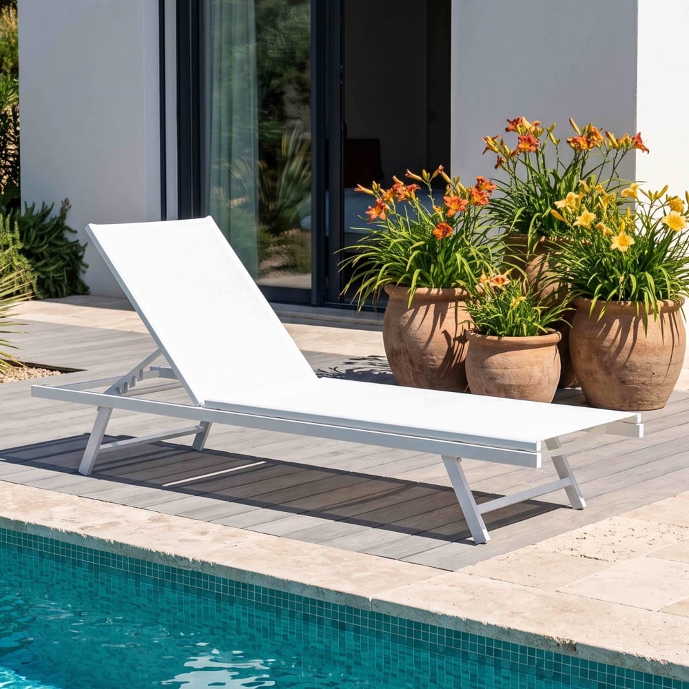 Oviala Bain de soleil pliant en aluminium blanc Blanc 195x90x60cm