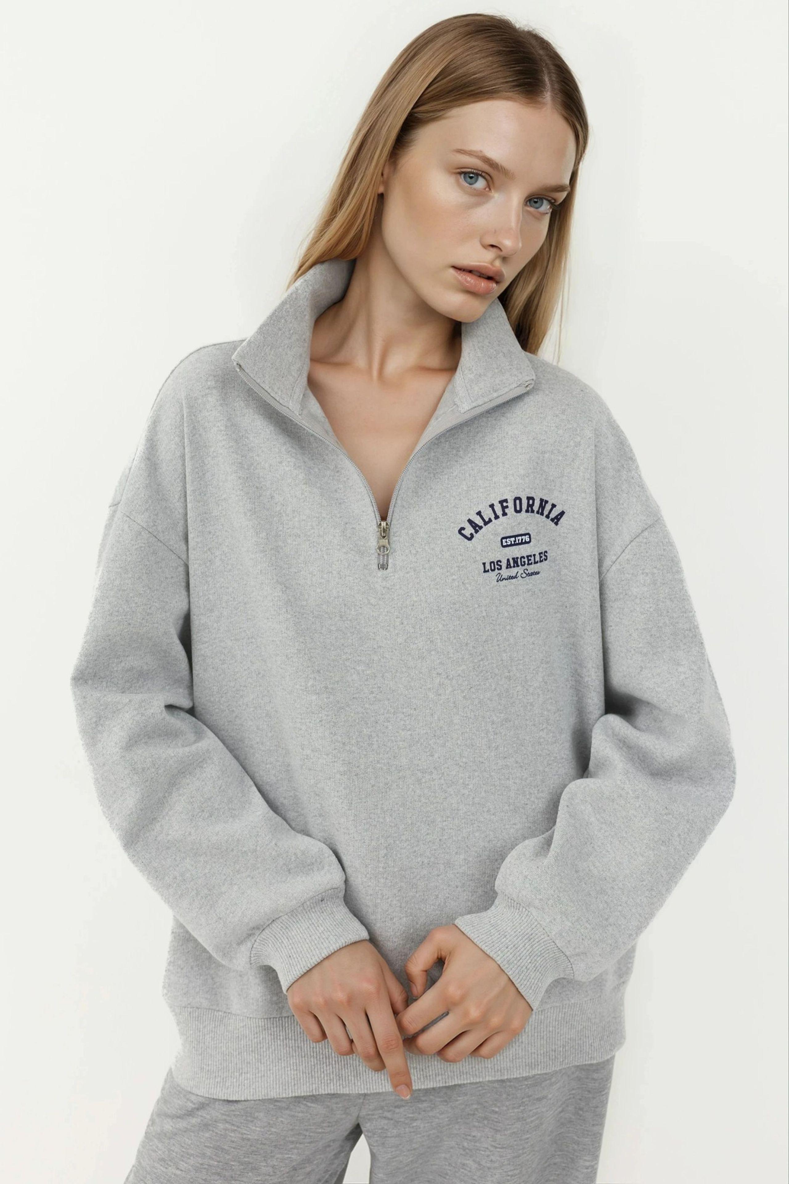 Geprinte Ritskraag Relaxed Fit Sweatshirt