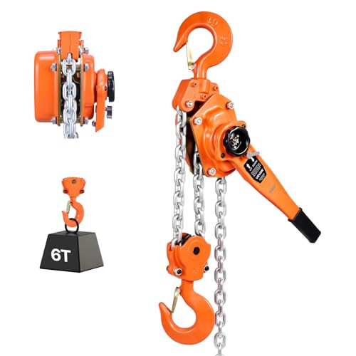 VEVOR Handmatige kettingtakel, 6 ton capaciteit, 3 m hefketting, G80 staallegering met mechanische dubbele rem en 360° draaibare haken, oranje
