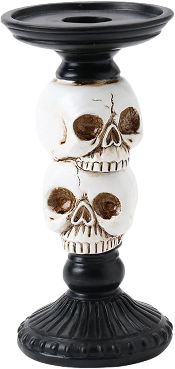 Wit Kaarsenhouder Schedel met Kraai voor Halloween Decoratie, Hoogte: 18.5 cm
