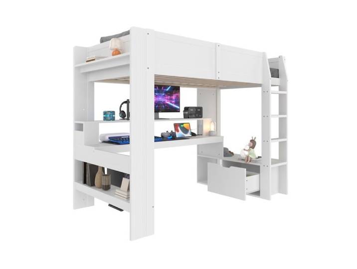 Lit Mezzanine Gaming 90x200 Blanc - Bureau LED - Tiroir Étagères - Setup Gamer - Sans Matelas
