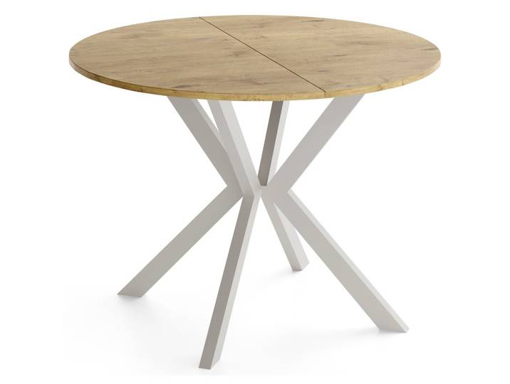 ESSTISCH Valeo – Runder Esstisch, Ausziehbar – Kaschmirfarbene Metallbeine – Moderner Stil – Lancelot Eiche 90-130/90/76 cm