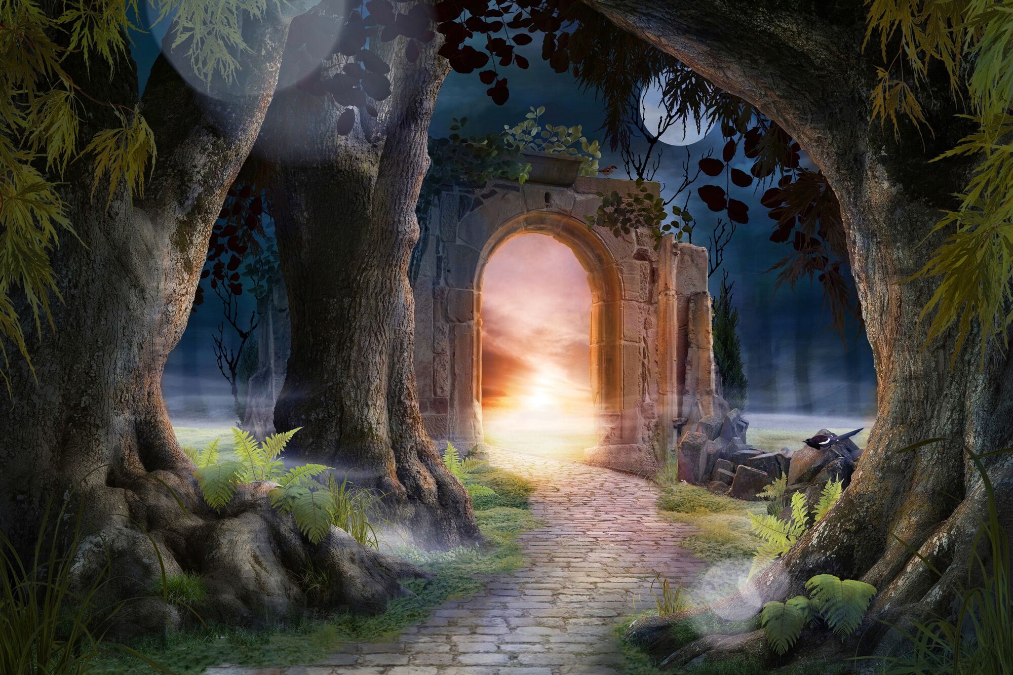 Fototapete PAPERMOON "MÄRCHEN-LANDSCHAFT-ARKADE BÄUME FANTASIE SONNE MOND", bunt, B:4m L:2,6m, Vlies, Tapeten, Fototapete bunt B/L: 4m x 2,6m, Bahnen: 8 Stk.