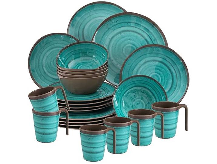 Melamin Geschirr Set 6 Personen Steingut Optik grün-braun 24 Teile Tassen