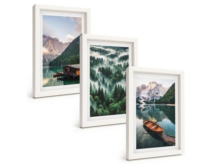 Tulup Bilder SET 3er Set - 20x30 cm Weißer Rahmen - Bergsee, Boot, Waldnebel, Kunststoff, Rechteckig, 20x30 cm, gerahmt, Bilder & Rahmen, Bilder