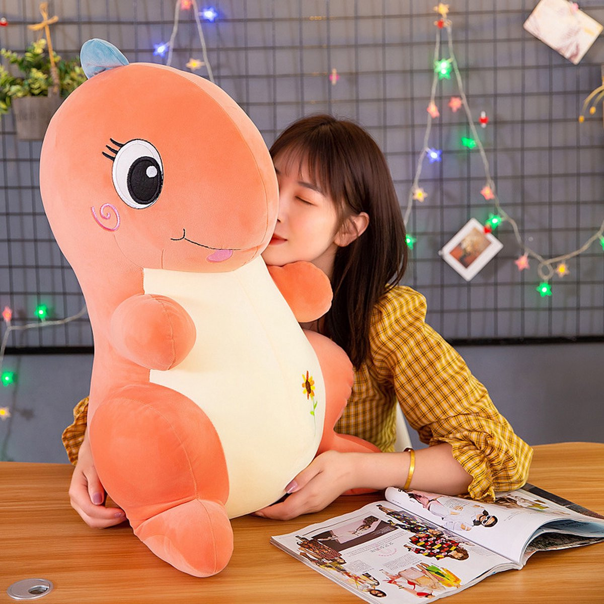 Roze Dinosaurus Knuffel Kussen 80 cm