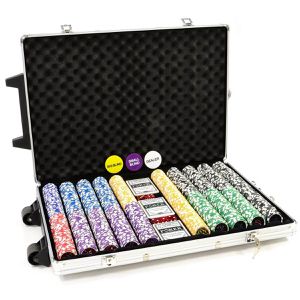 Nexos Pokerkoffer FP32523, Laser-Chips mit Wertaufdruck, Trolley aus Aluminium mit 3 Decks & Dealer-Button, 1000 Chips