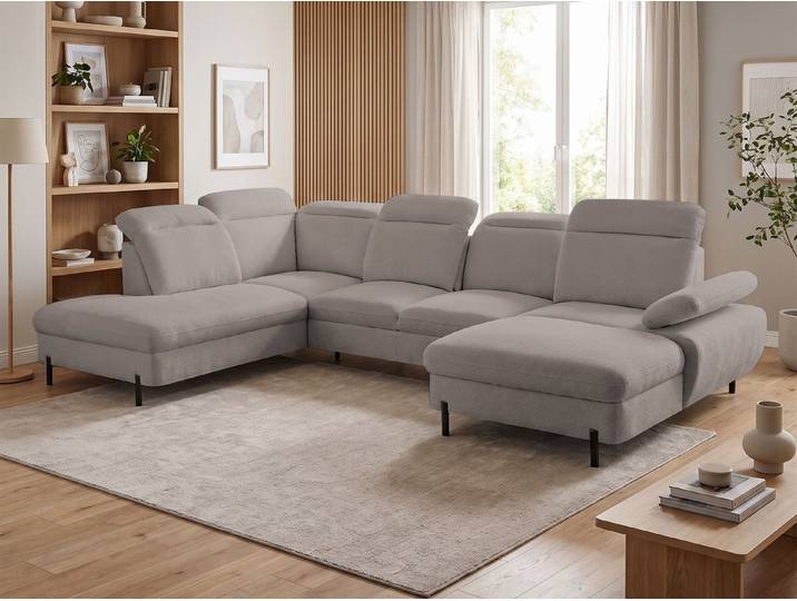 Beautysofa Ecksofa SORA U-Form mit Schlaffunktion & Bettkasten, freistehend, Schlafsofa mit verstellbarer Sitztiefe, Kopfstützen und Armlehne