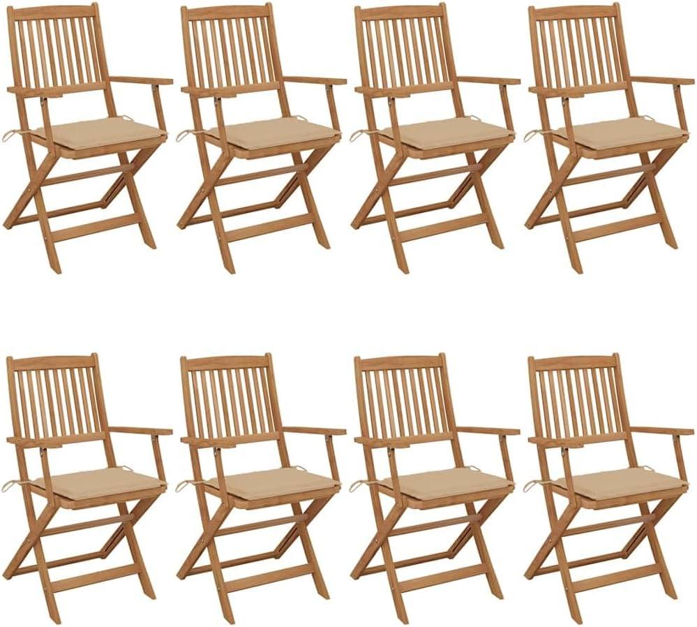 Klappbare Gartenstühle im 8er-Set aus massivem Akazienholz mit Ölfinish, beigefarbenen Sitzpolstern, 54x57x91cm, für Terrasse, Garten und Esszimmer, Traglast 110kg