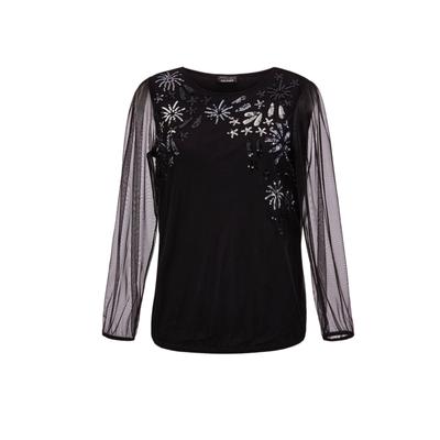 Kurzarmshirt GOLDNER "Kurzgröße Langarmshirt mit transparenten Ärmeln", Damen, Gr. 23, schwarz (schwarz, silberfarben, gemustert), Obermaterial: 100% Polyester PES., festlich, gerade, U-Boot-Ausschnitt, keine/nicht relevant, Shirts, keine/nicht...