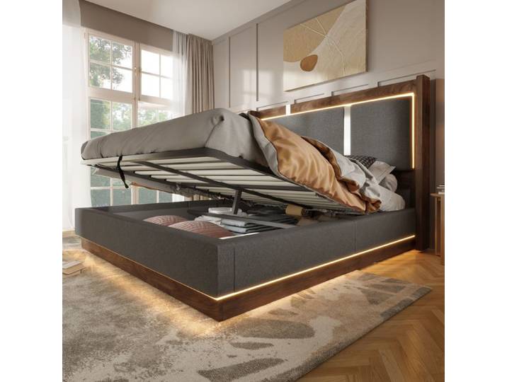 Lit coffre - ZEVKOR - Lit Coffre Double 140×190 cm - LED intégrée - Rangement hydraulique - Sommier à lattes