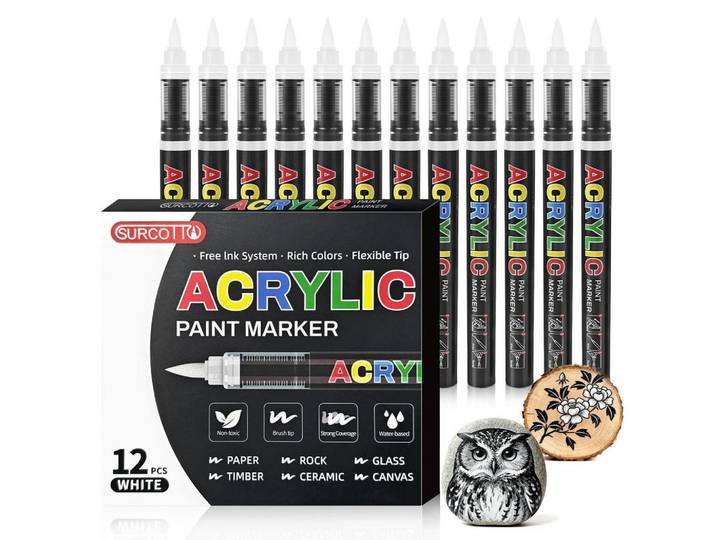 Acrylstifte 12er Set Weiß Pinselspitze Schnelltrocknend Wasserfest, Kunststoff, 1.5x1.5x14 cm, Dekoration, Malbedarf & Bastelbedarf