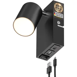 ledscom.de Wandleuchte WAIKA mit USB-C & USB-A, Nachttischlampe zur Wandmontage mit Schalter, schwarz, GU10 max. 15W