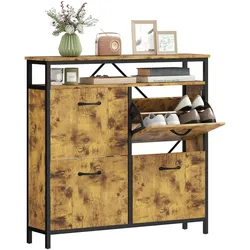 SCHUHSCHRANK mit 4 Klappen Schmal Schuhkipper mit Verstellbar Trennwand Braun