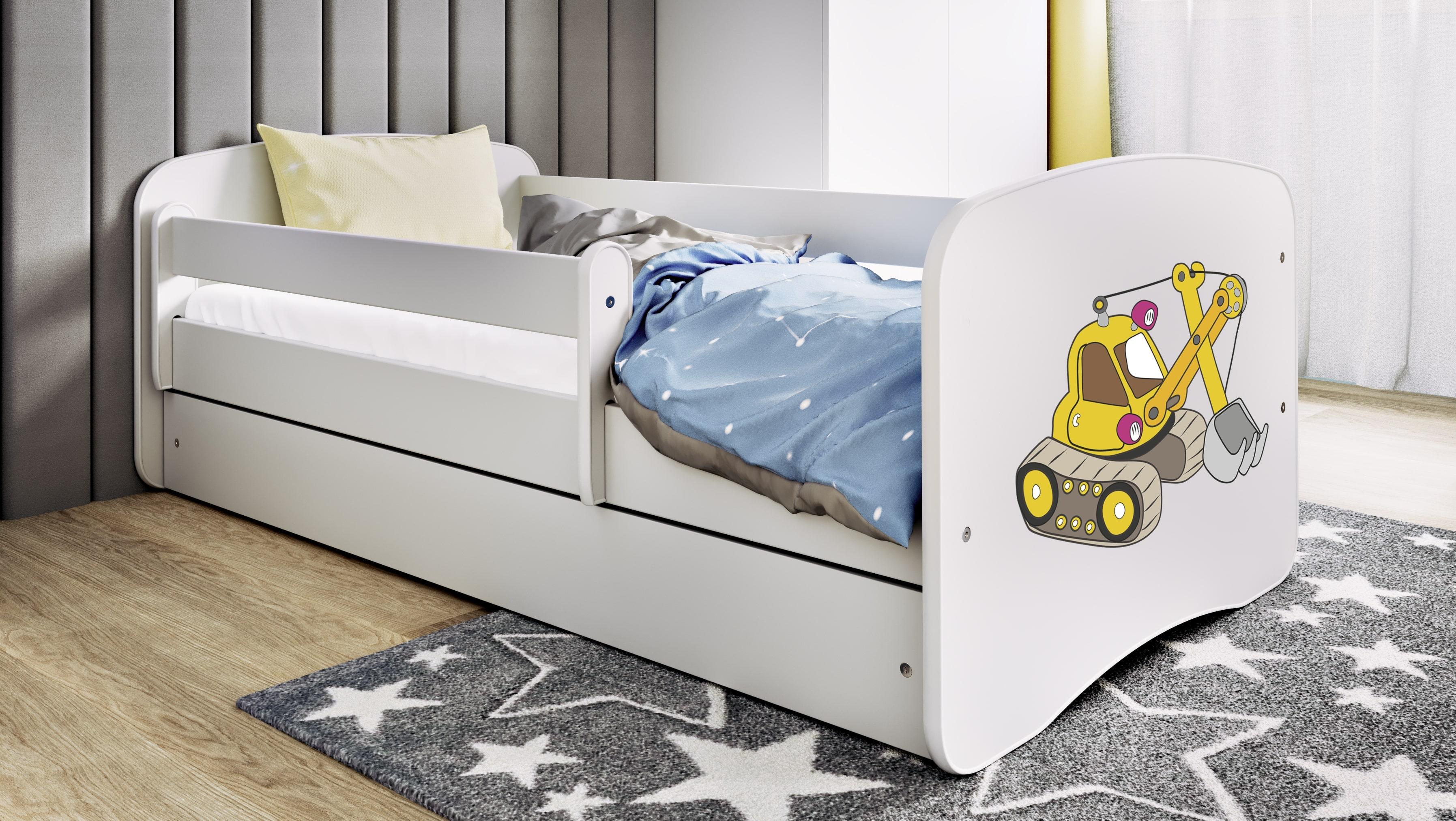 Kinderbett Jugendbett Bagger 70x140, 80x160, 80x180 cm - Komplettset mit Schublade & Rausfallschutz