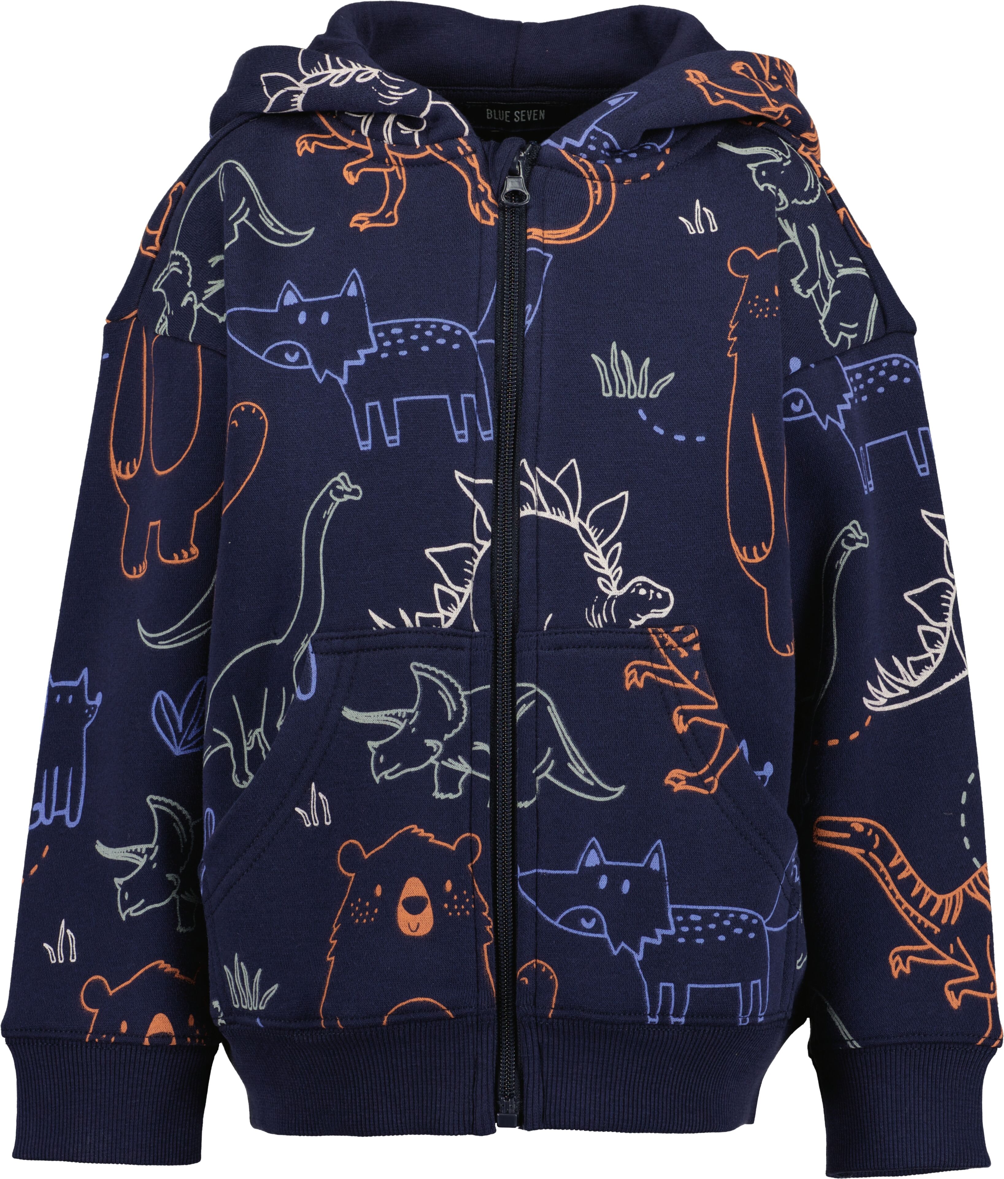Kapuzensweatjacke BLUE SEVEN, Jungen, Gr. 134, blau (nachtblau ao), angeraute Sweatware, Obermaterial: 80% Baumwolle, 20% Polyester, bedruckt, Basic normal, Rundhals, Rippbündchen, Sweatjacken Kapuzensweatjacke, Baumwollmischung nachtblau ao 134