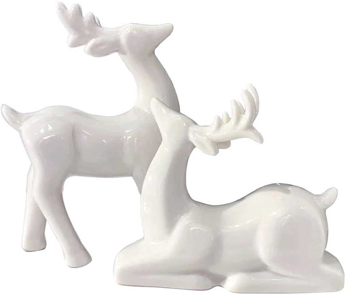 Set van 2 Porseleinen Kerst Rendieren - Decoratieve Kerstfiguren voor op Tafel