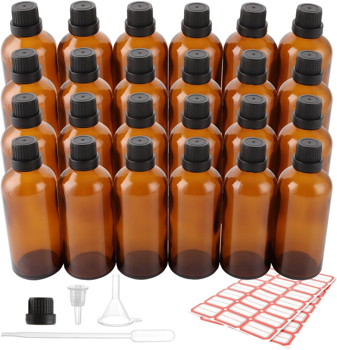 Set van 24 bruine glazen pipetflessen van 100 ml met zwarte schroefdoppen