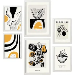 POSTER Set Mit 6 In Schwarzer Tinte Früchte Künstlerische Und Abstrakte Drucke Für Innenarchitektur A3 & A4 Weißer Rahmen