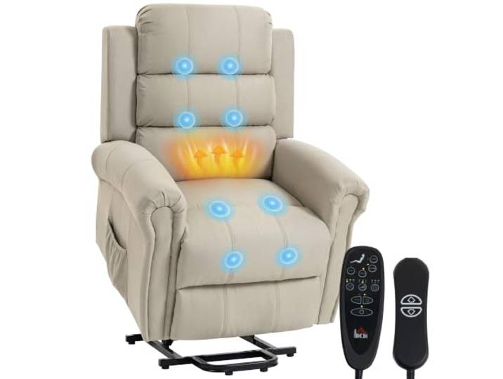 HOMCOM Fernsehsessel Elektrisch Relaxsessel mit Aufstehhilfe Beige Vibrationsmassage, Liegefunktion, Massagesessel, Fernbedienung, USB Anschluss, Seitentasche, Leinenoptik, für Wohnzimmer