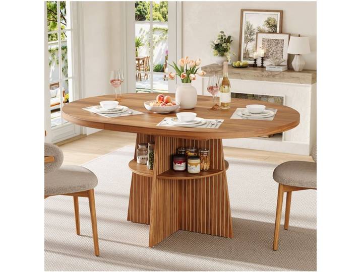 WOVREO Table à manger ronde extensible 110-150 cm étagère intégrée MDF aspect noyer
