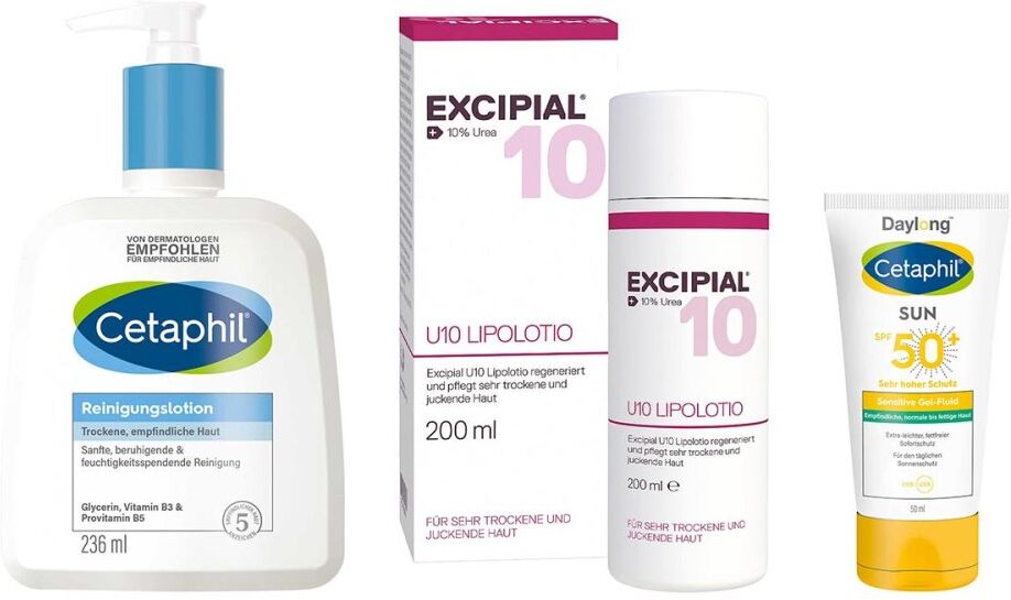 Excipial & Cetaphil Set: Urea-Pflege, Reinigung & UV-Schutz