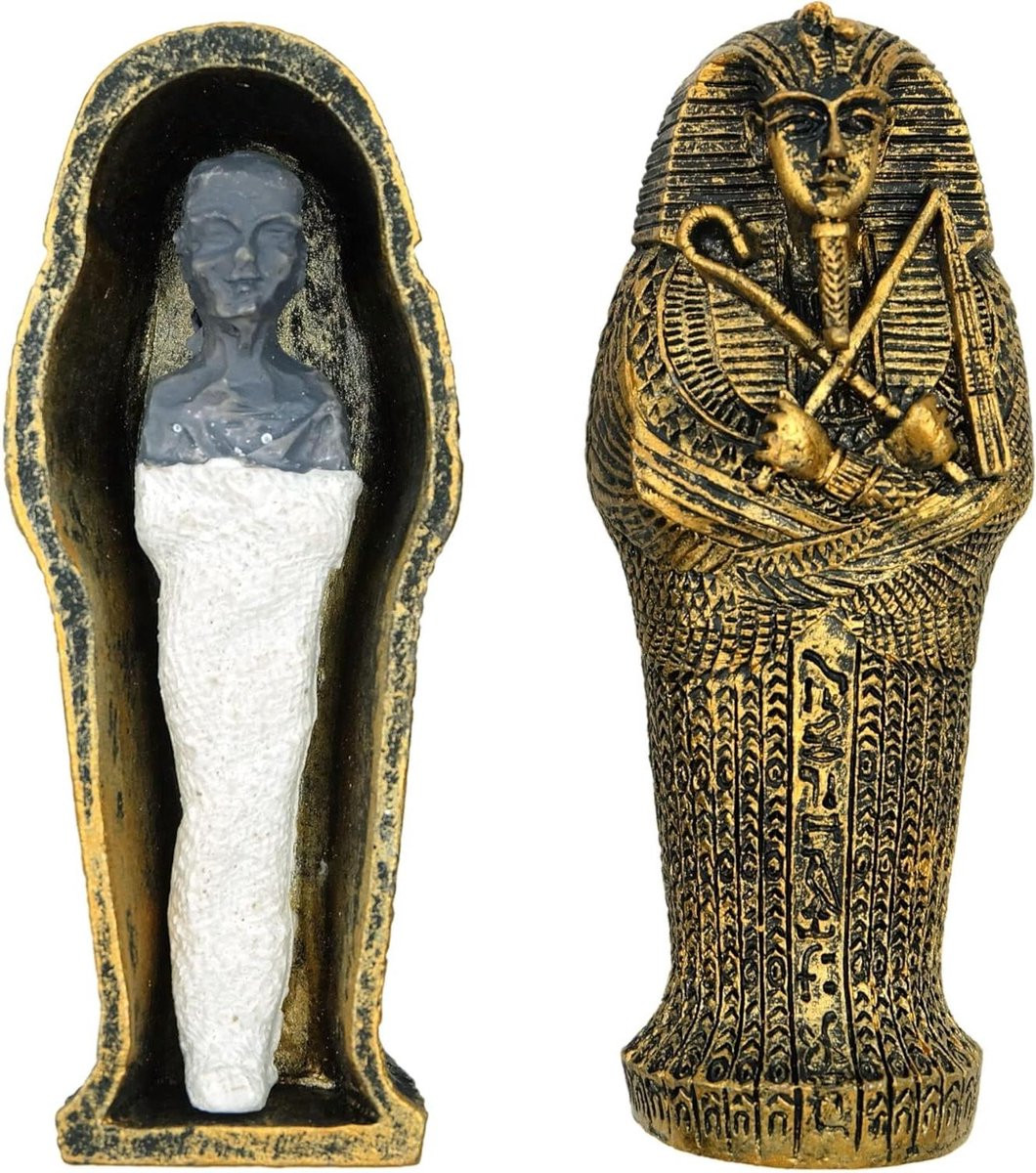 Egyptische Mummie Sarcofaag met Farao Beeldje en Verwijderbare Mummie, Brons, Hoogte: 88,9 cm
