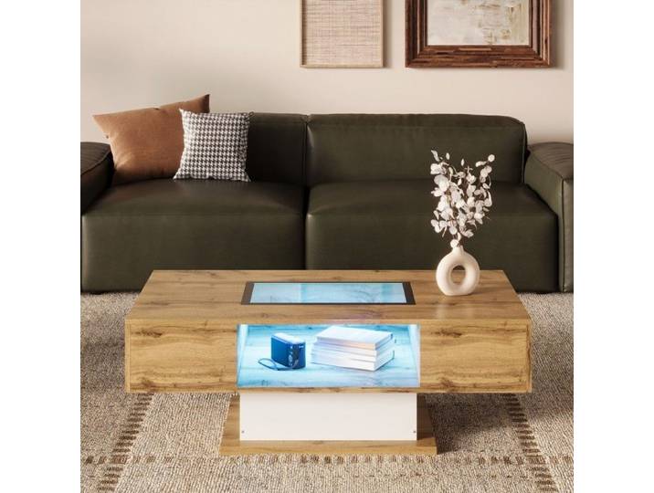 Table basse LED color change verre 2 tiroirs - Design moderne éclairage RGB - Meuble salon lumineux fonctionnel