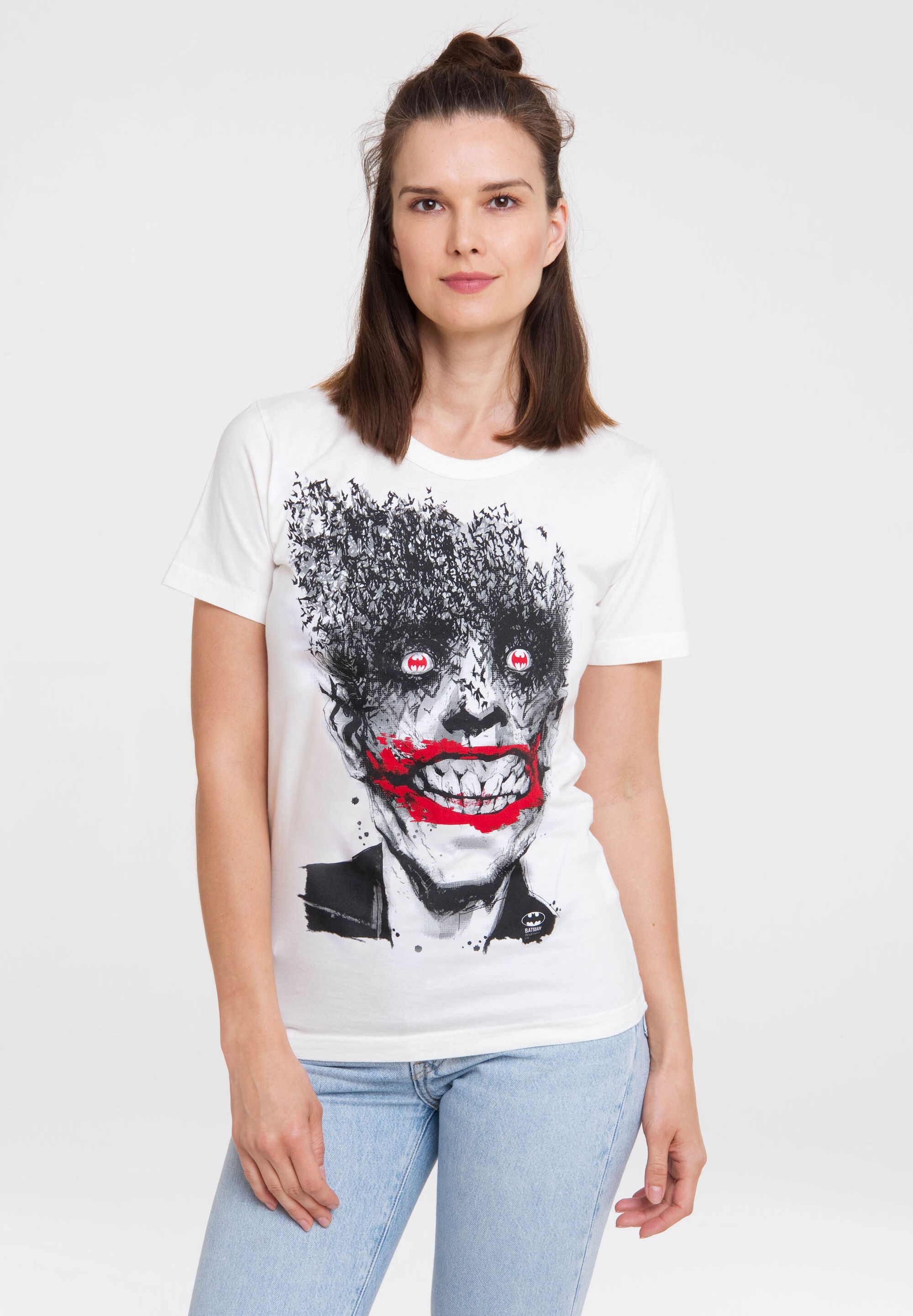 T-Shirt LOGOSHIRT "Batman - Joker Bats", Damen, Gr. L, weiß, 100% Baumwolle, bedruckt, normal, Rundhals, Shirts T-Shirt, mit trendigem Superschurken-Print