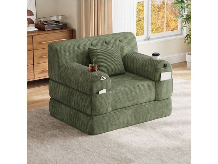 Modenuit Fauteuil canapé-lit 1 place convertible velours côtelé vert dossier haut poches et porte-gobelets