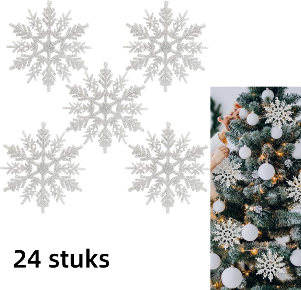 24 stuks Sneeuwvlokken Kerstornamenten voor Binnendecoratie, Kerstboomversiering, 100 x 100 mm