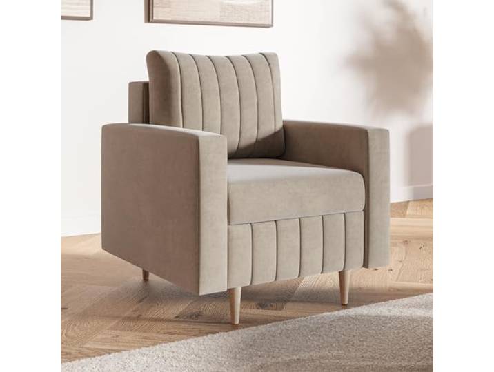 MOTIVENA Leo Sofa Sessel Wohnzimmer Modern, Ohrensessel, Loungesessel Wohnzimmer, Clubsessel, Couch Sessel, Polstersessel, Sofa Chair, Einzelsofa, Taschenfederkern (H3), Samt Beige