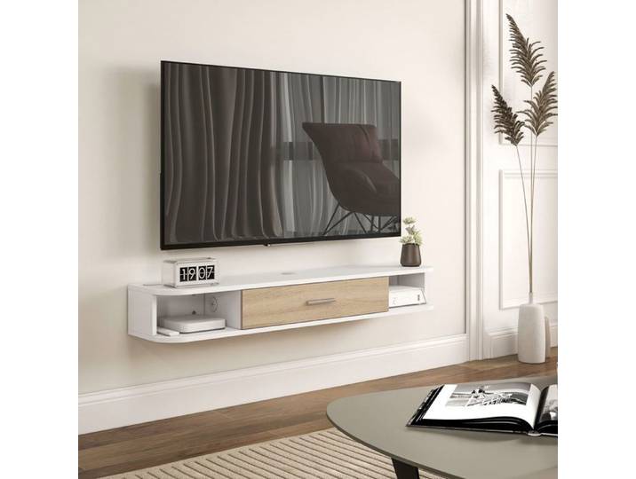 Meuble TV mural - PAGE LIVING - 120 cm - Blanc - Porte rabattable - Accueille TV jusqu'à 50 pouces