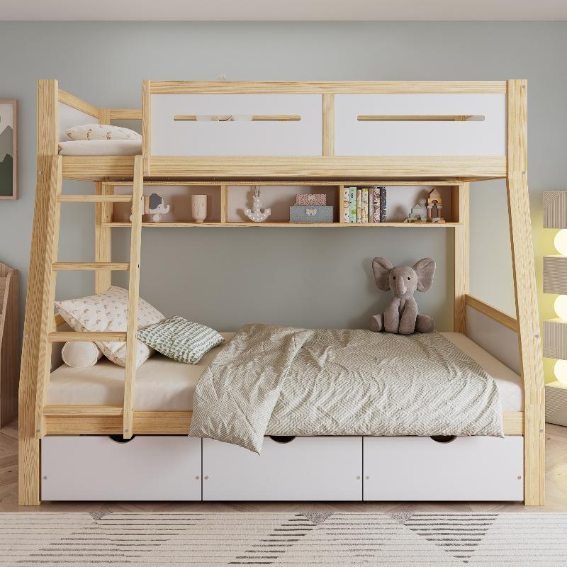 Etagenbett Kinderetagenbett 90x200 120x200 Weiß Natur aus Kiefer, MDF, Sperrholz mit 3 Schubladen auf Rollen für Kinderzimmer