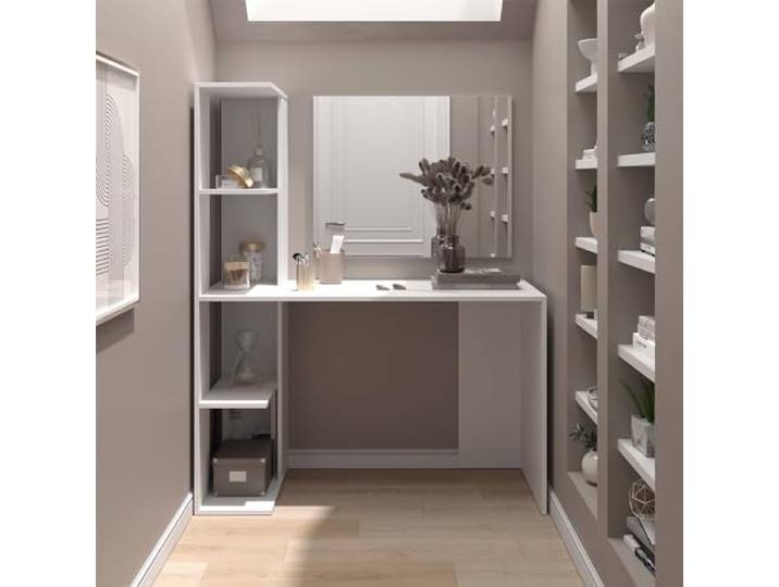 Vicco Schminktisch Tower , Weiß 122.2 cm Spiegel · 4 Ablagen für Deko & Accessoires · Freistehend · Offenes Design · Kompakte Form