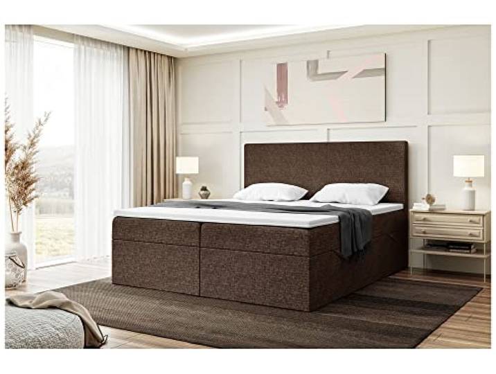 MEBLINI Boxspringbett mit Bettkasten - 140x200 - Gepolstert Doppelbett mit Matratze und Topper - Polsterbett mit Stauraum - Bett mit Kopfteil - Stauraumbett - Zlatan - H4/Braun Webstoff