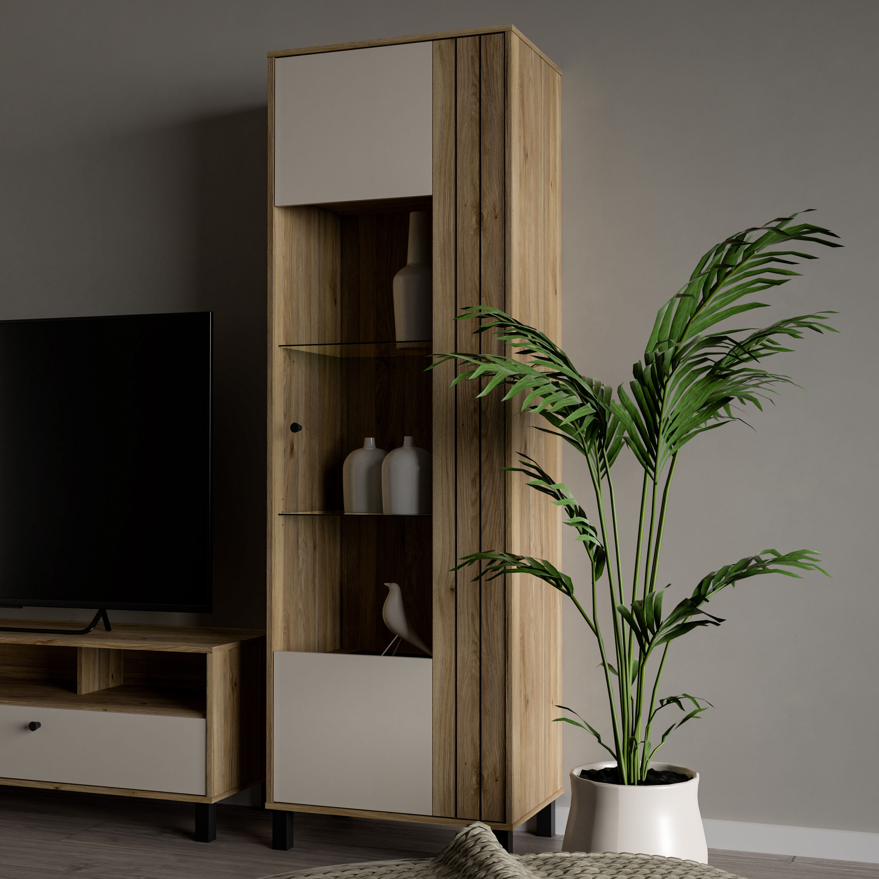 Vitrine FORTE "Killarney", beige (mauvella eiche, kashmir beige), B:63,4cm H:195,8cm T:42cm, Dekorfolie, Holzwerkstoff, MDF, Metall, Sicherheitsglas, Schränke, Vitrine, Vitrine, Glastüre, Metallgriffe, zweifarbig mauvella eiche, kashmir beige Mauvella Eic