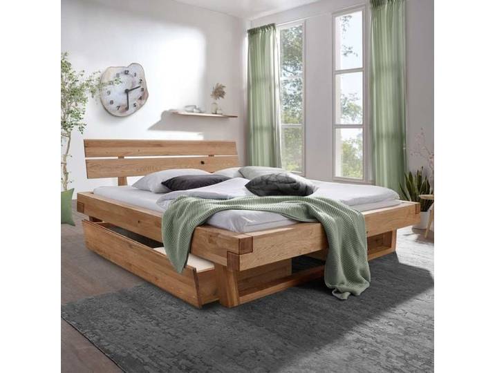 Balkenbett Muscari Wildeiche Massivholz mit Schubkasten