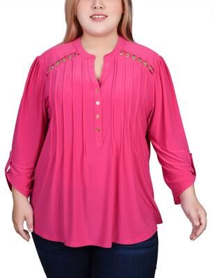 NY COLLECTION Long Sleeve Pintuck Front Top With Chain Details